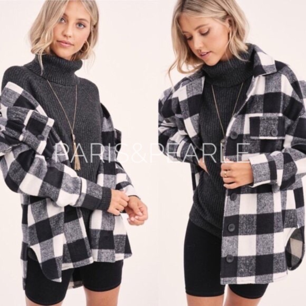 SALE! Stella Black & White Buffalo Plaid Button Front Shacket sz Lg